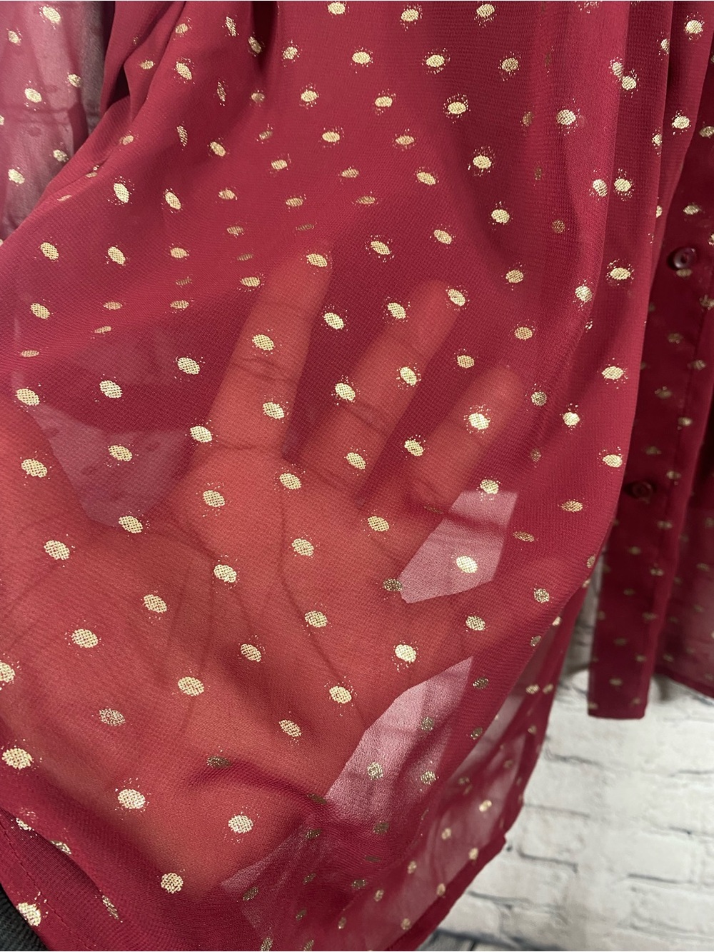 Liz Claiborne Career Woman 2X Burgundy Gold Polka Dot Sheer Blouse Plus Size - Picture 5 of 8